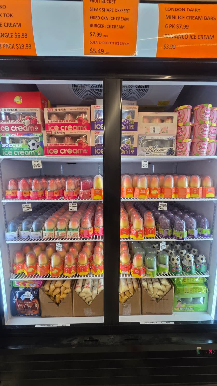 Freezer stocked with fruit-shaped ice cream novelties