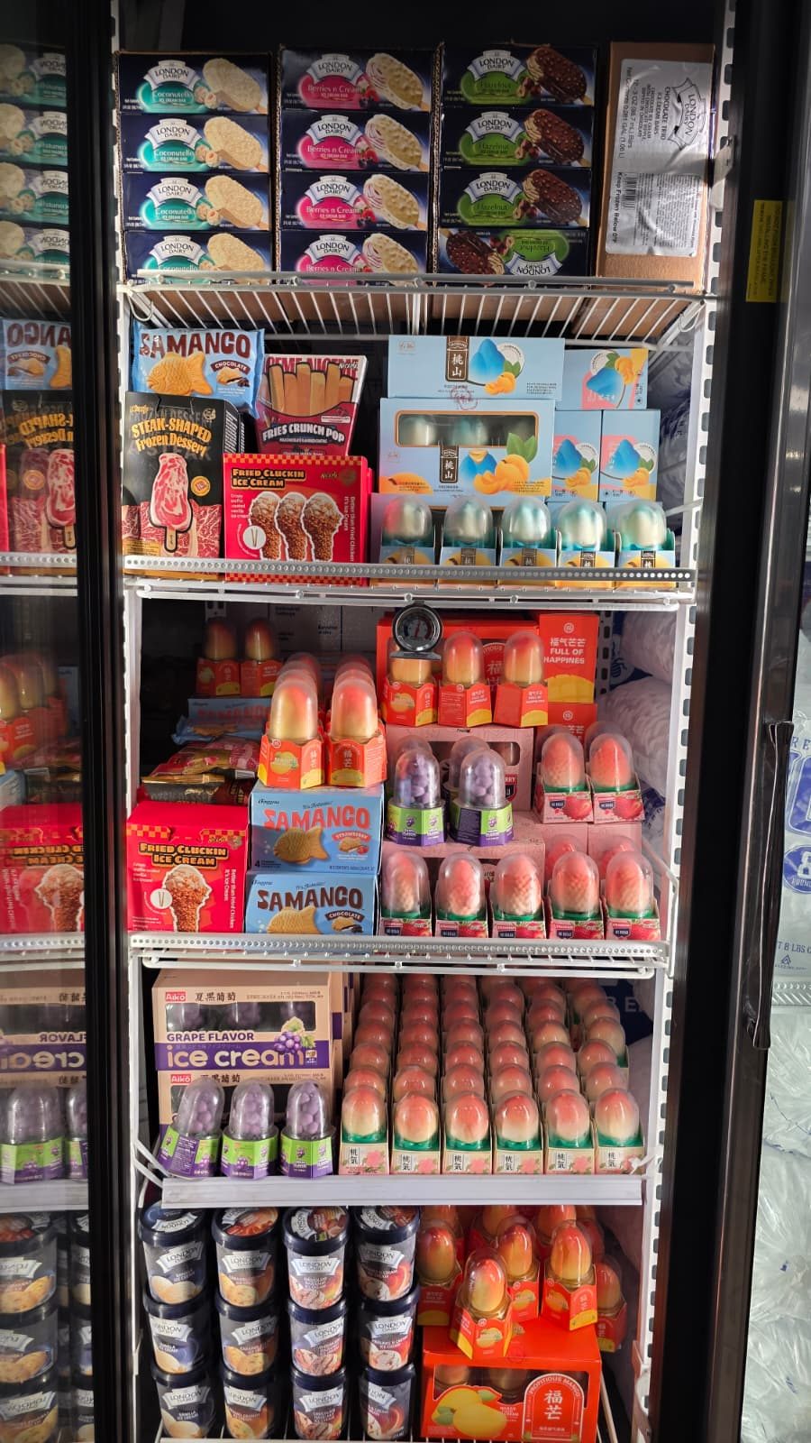 Freezer shelves with specialty imported frozen desserts